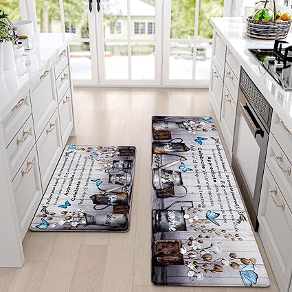 Modern Art Non Slip, Abstract Painting Cushioned Anti Fatigue, Waterproof Kitchen Mats, 18'' x 48'' + 18'' x 30''