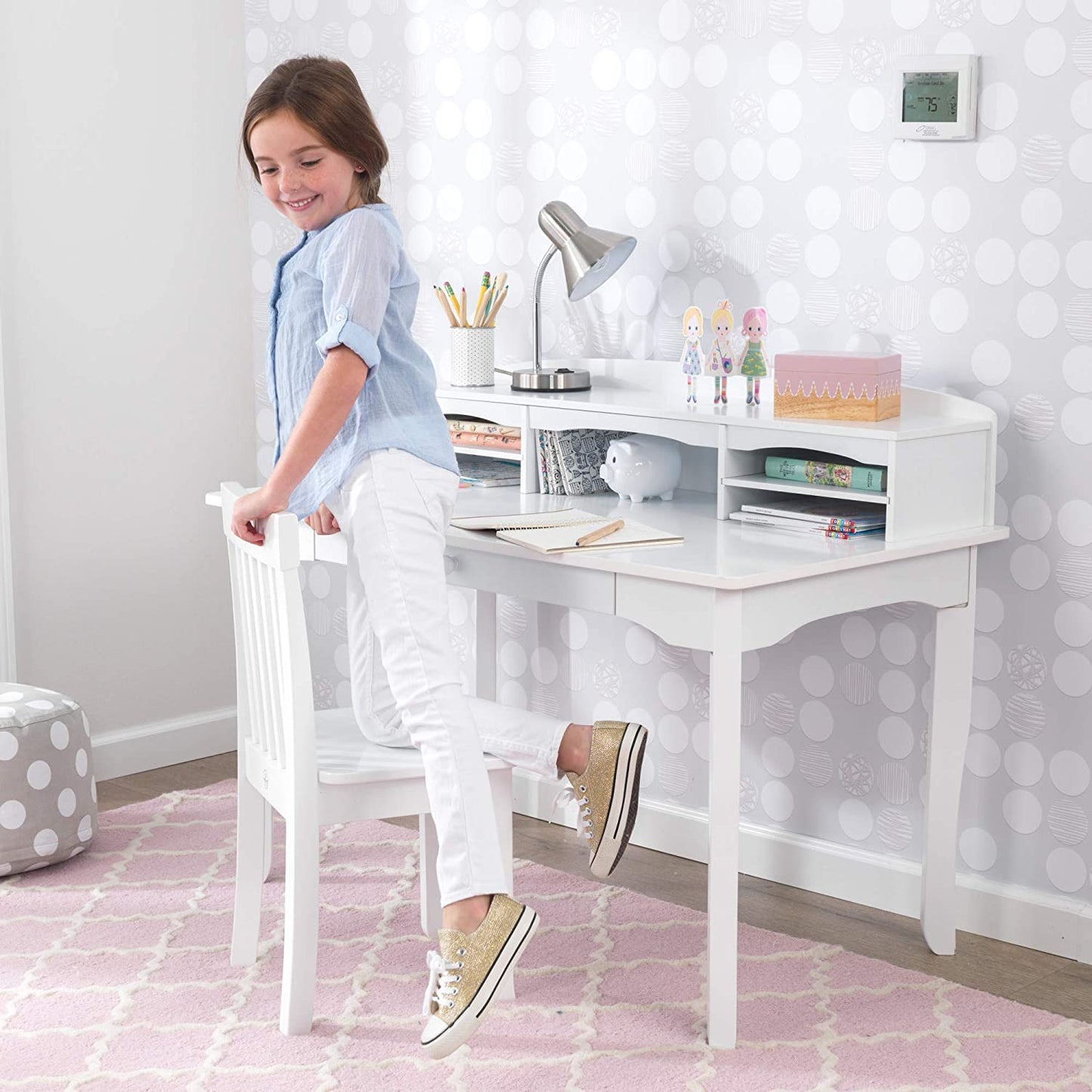 Wooden Children's Desk with Hutch, Chair and Storage, White , Ages 5-10