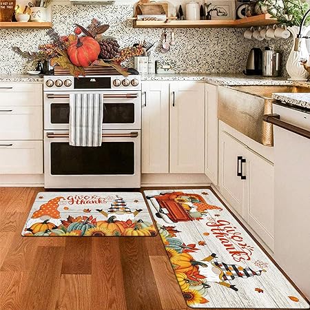 Anti Fatigue Kitchen Rugs Set of 2, Non Slip Waterproof Kitchen Rugs and Mats Sets Thick Cushioned Kitchen Mats, Thanksgiving Buffalo Plaid Pumpkin Gnomes Kitchen Mats for Office Home