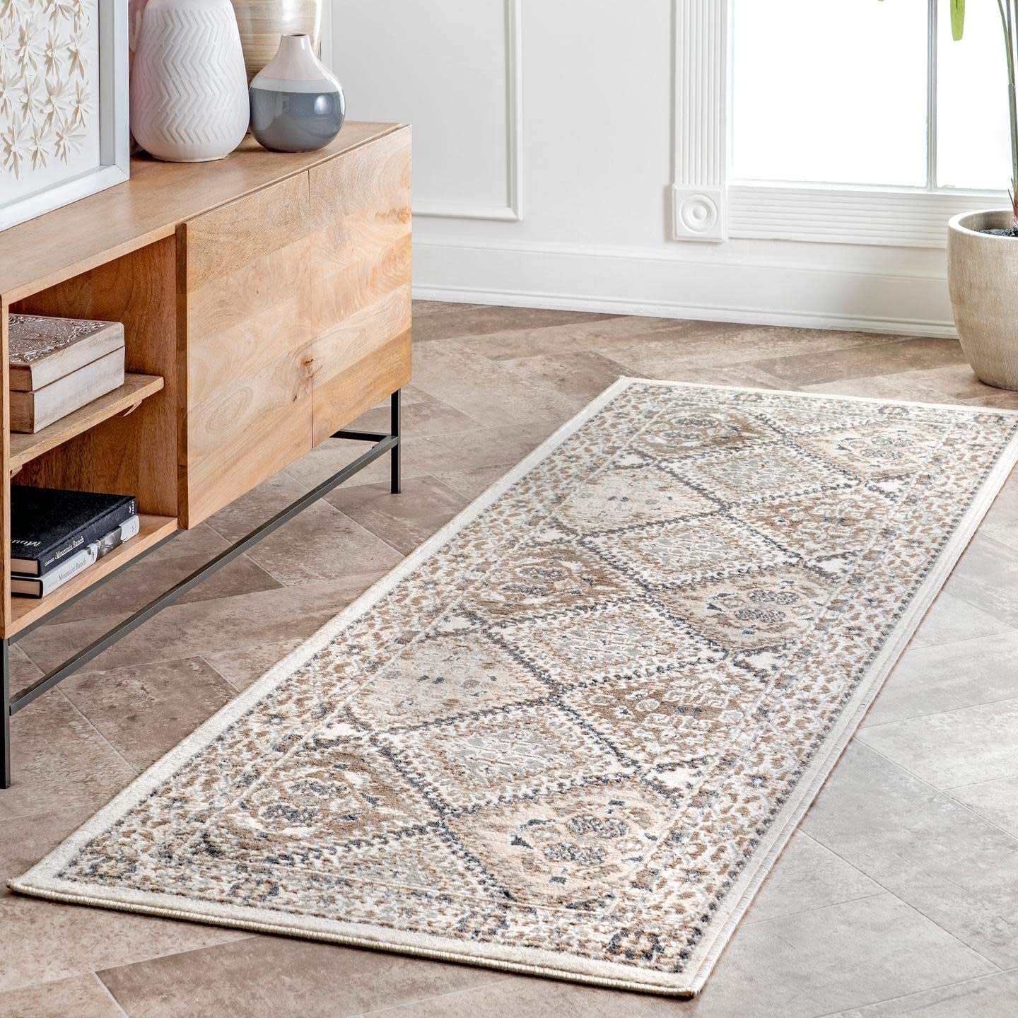 Becca Vintage Tile Area Rug, Oval, Beige