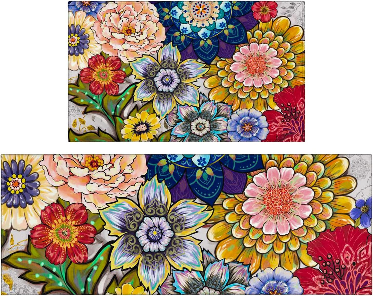 Vintage Mushroom Set of 2, Non Skid Washable Kitchen Mat - (17"x48"+17"x30")