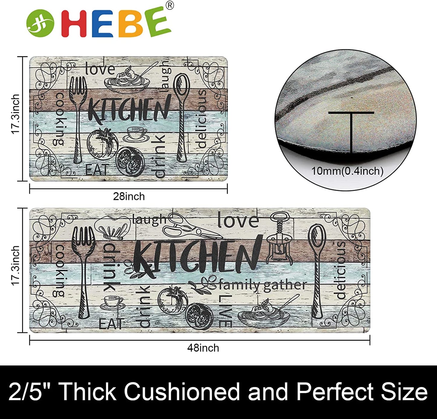 Anti Fatigue Kitchen Rug Sets 2 Piece Waterproof Non Slip Kitchen Floor Mats-17"x48"+17"x28"