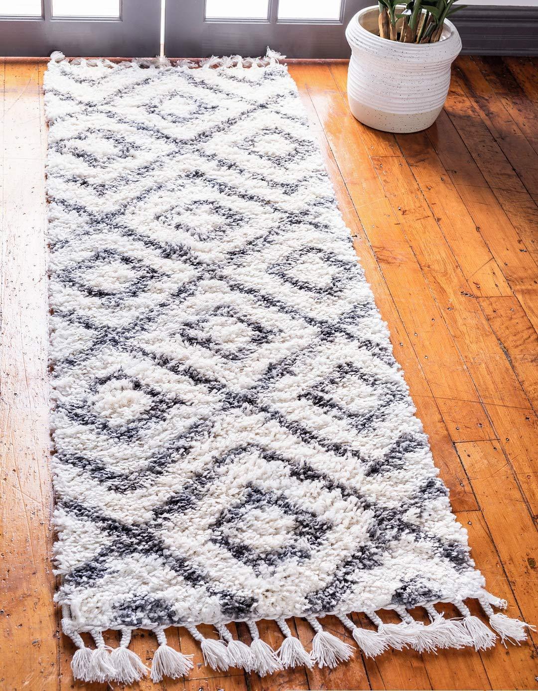 Lattice Tassel Ivory Gray Plush Shag Area Rugs