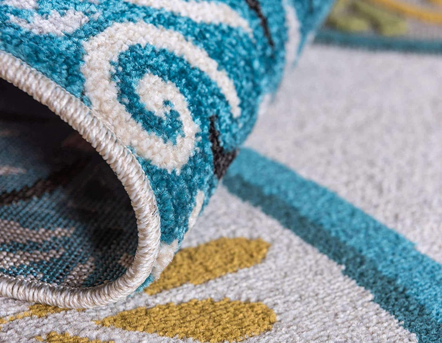 Carved Floral Transitional Indoor/ Outdoor Flat Weave Ivory/Teal Area rug