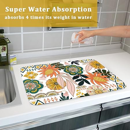 Absorbent Black Marble Dish Drying Mat Luxury Golden Kitchen Counter Mat, 18x24 inch