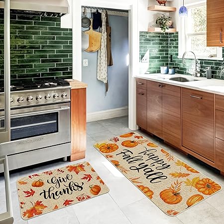 2 Pack Non Skid Washable Fall Kitchen Mats, Size of 17x29 and 17x47 Inch