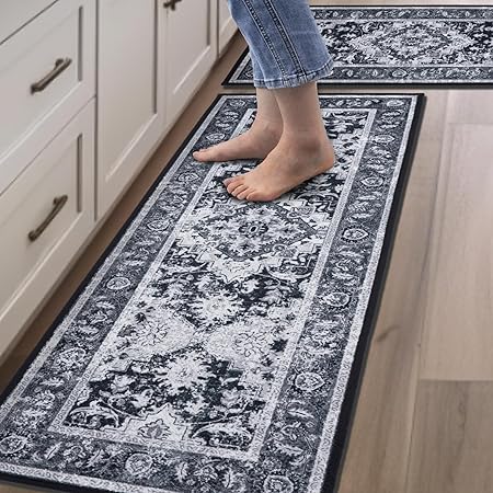 Set of 2 Non Slip Washable Absorbent Cushioned Floor Mats 17x32 + 17x48 inches, Black Gray