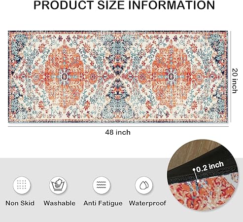 Boho Vintage Tebriz Non Slip Washable Cushioned Waterproof Rugs for Kitchen, 20 x 48