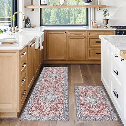 Grey Comfort Kitchen Floor Carpet Runner for Laundry, 17”x28”+17”x47”