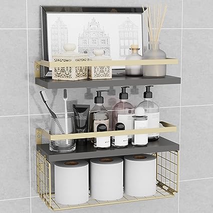 Home Decor Floating Shelves with Towel Bar/Hooks, (Gold-White)