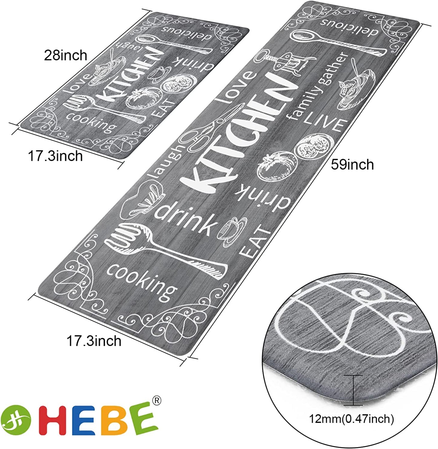 Anti Fatigue Kitchen Rug Sets 2 Piece Waterproof Non Slip Kitchen Floor Mats-17"x48"+17"x28"