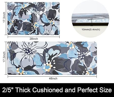 Floral Anti Fatigue 2 Pieces - 17.3’’x29.5’’ + 17.3’’x47.2’’ Comfort 0.4’’ Thick Cushioned Padded Waterproof Flowers Kitchen Rugs