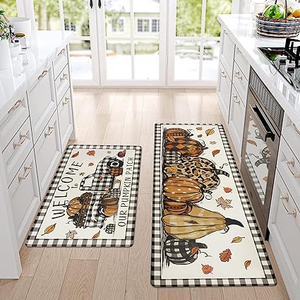 Farmhouse Kitchen Rugs and Mats 2 Piece Non Skid Fall Car Kitchen Floor Mats PVC Cushioned Comfort Standing Mats for Autumn Thanksgiving Decoraion, 17.3"×28"+ 17.3"×47"