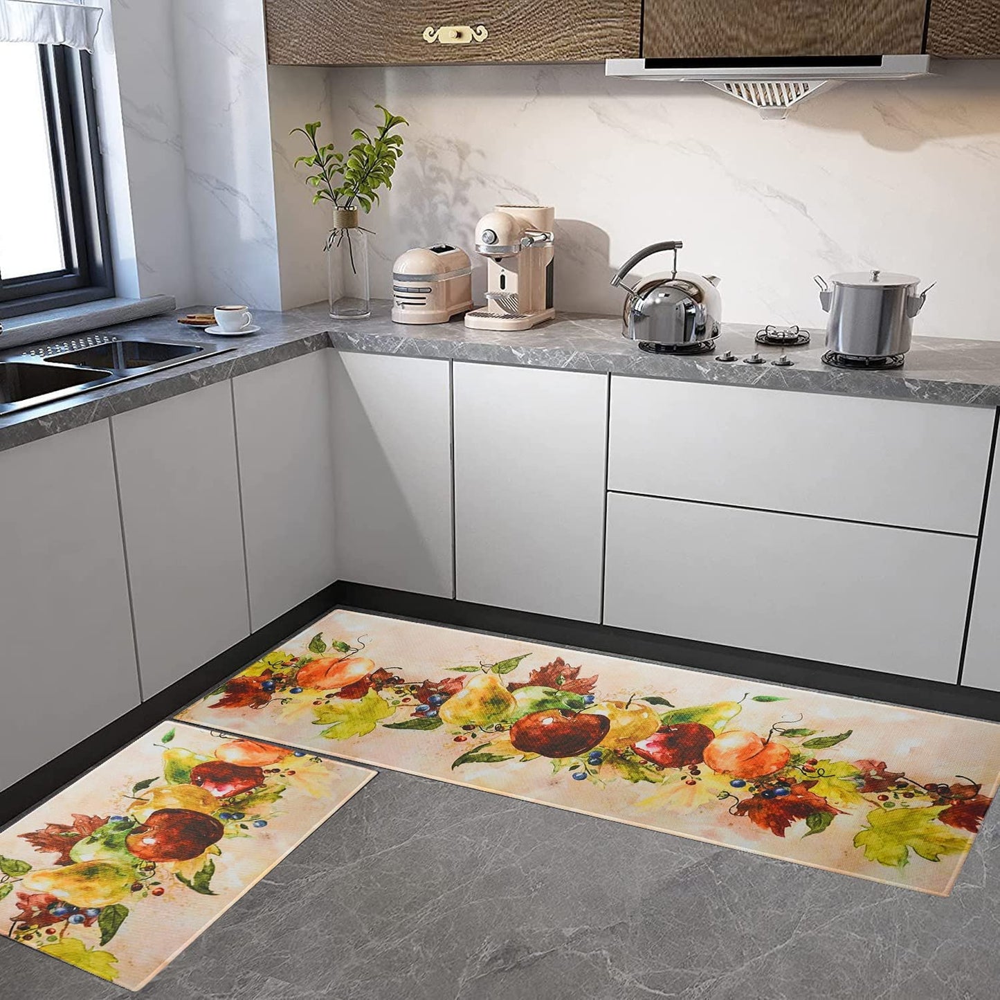 Vintage Mushroom Set of 2, Non Skid Washable Kitchen Mat - (17"x48"+17"x30")