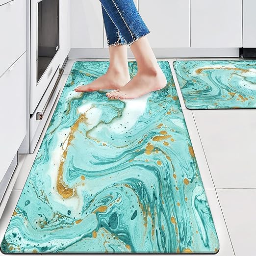 Set of 2, Anti-Fatigue Cushioning Comfortable Standing Teal Turquoise Abstract Marble Design Kitchen Mats