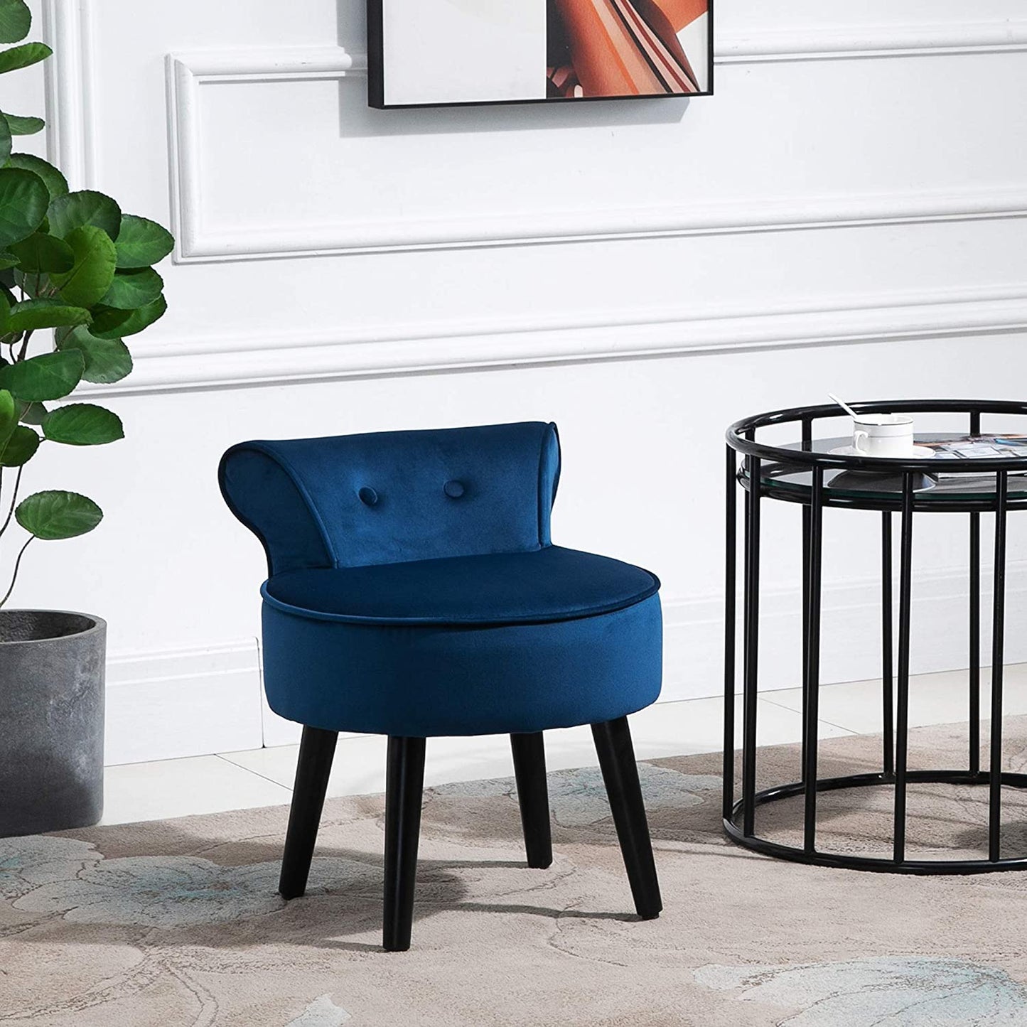 Modern Small Leisure Chair Upholstered Footstool Ottoman, Button Tufted Armless Club Chair Wingback Chair with Low Back, Velvet Style Fabric and Stable Fir Legs, Blue