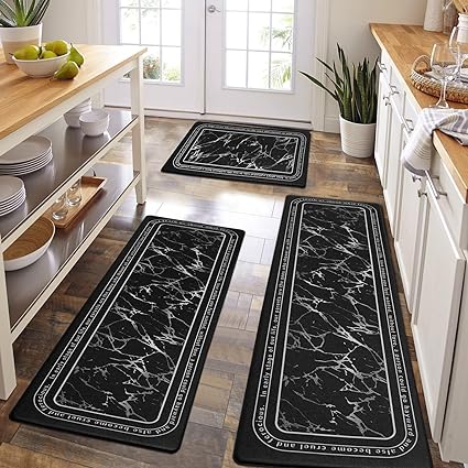 Anti-Fatigue Black and White Modern Non Slip Washable, Cushioned Kitchen Mats, 18 x 30 Inch