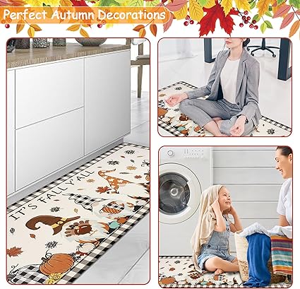 Farmhouse Kitchen Rugs and Mats 2 Piece Non Skid Fall Car Kitchen Floor Mats PVC Cushioned Comfort Standing Mats for Autumn Thanksgiving Decoraion, 17.3"×28"+ 17.3"×47"