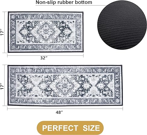 Set of 2 Non Slip Washable Absorbent Cushioned Floor Mats 17x32 + 17x48 inches, Black Gray