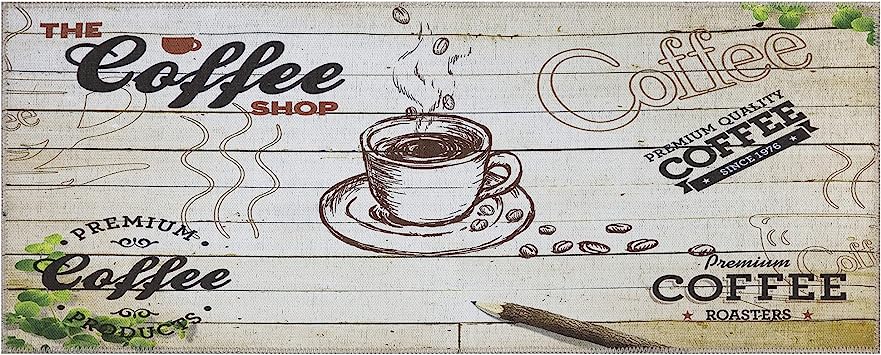 Machine Washable Wrinkle Free Coffee Cup Design Cotton 2 x 5 Kitchen Runner Rug (20" x 59", Beige)