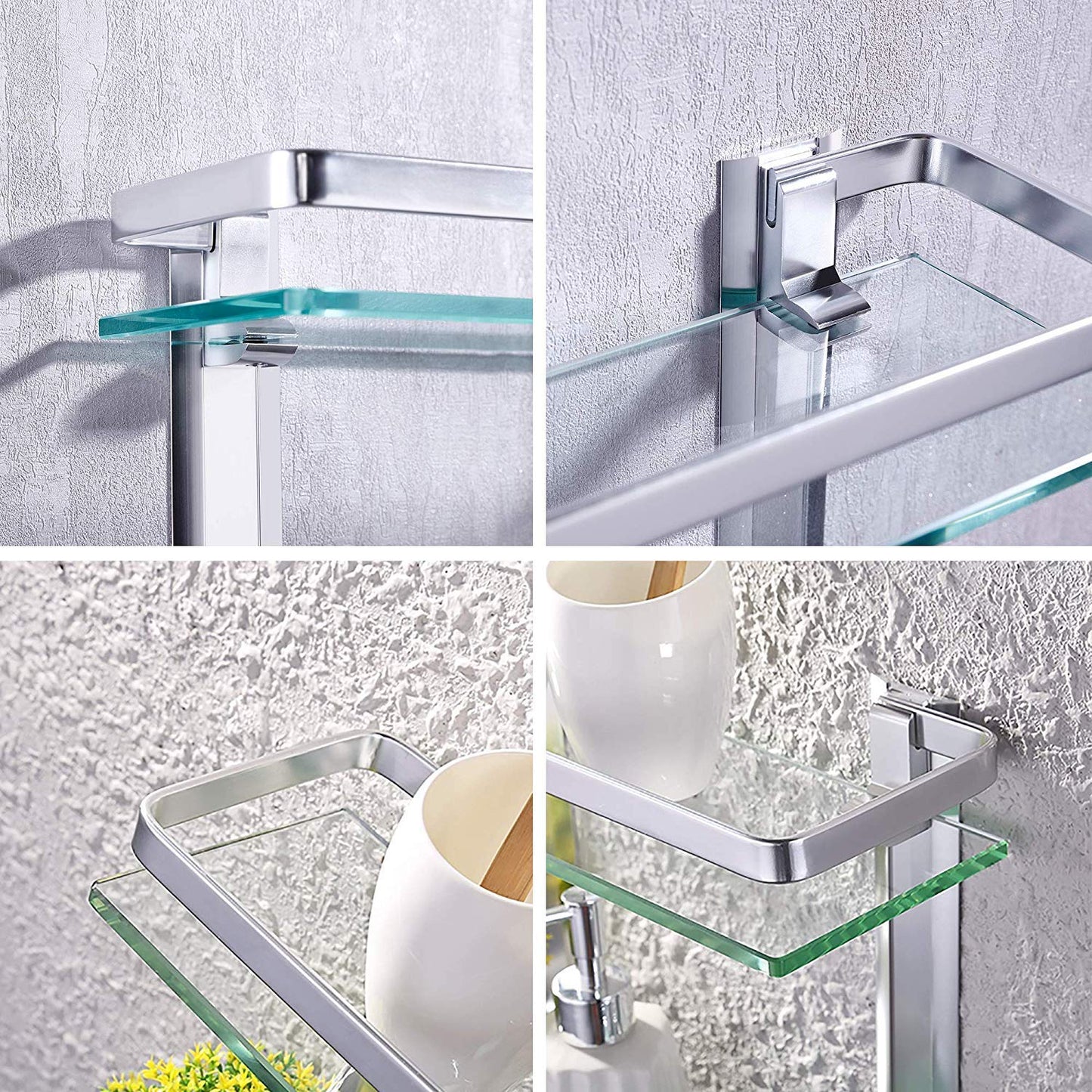 Heavy Duty Rectangular Wall Mounted Corner Shelves Aluminum Tempered Glass Storage 2-Tiers