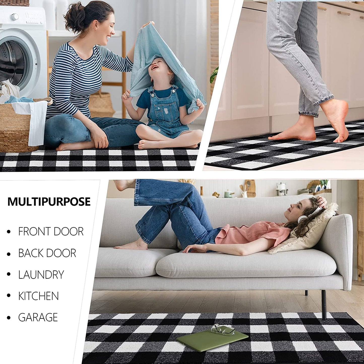 Farmhouse 1.6'x5' Entry Non Slip Rubber Backing Black and White Rug