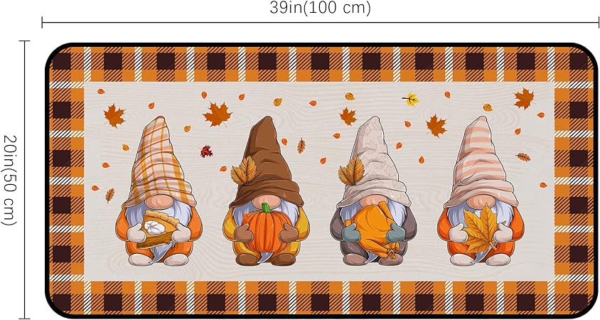 Fall Gnomes Non Slip Buffalo Plaid Cushioned Kitchen Floor Mat, 20 x 39 Inch