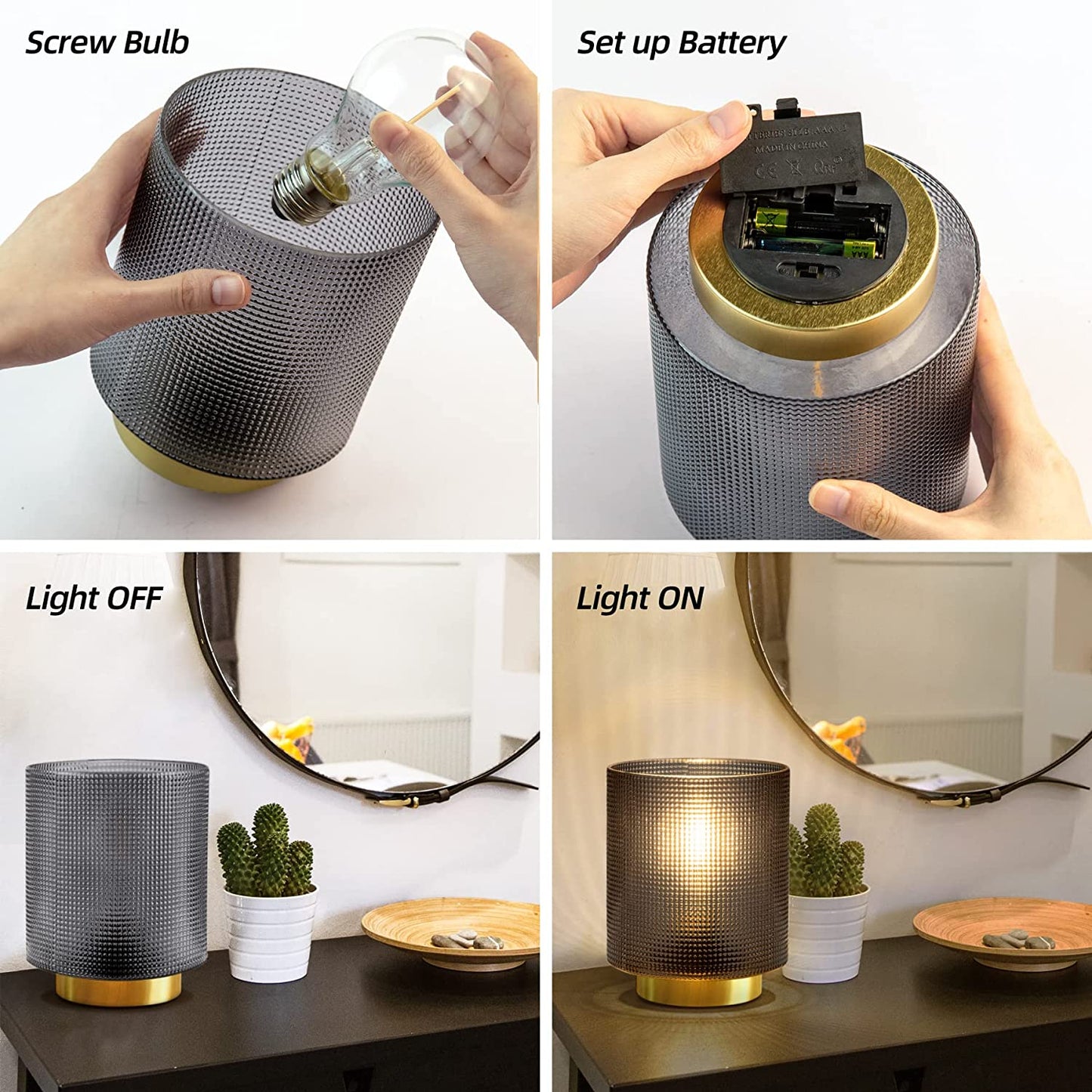 Battery Operated Lamp with Timer, Glass Cordless Lamp
