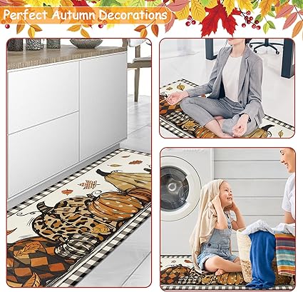 Farmhouse Kitchen Rugs and Mats 2 Piece Non Skid Fall Car Kitchen Floor Mats PVC Cushioned Comfort Standing Mats for Autumn Thanksgiving Decoraion, 17.3"×28"+ 17.3"×47"