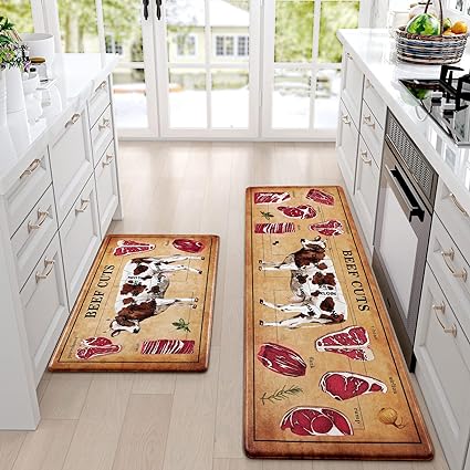 Farmhouse Kitchen Mat 2 PCS, 18'' x 48'' + 18'' x 30'', Beef Cuts