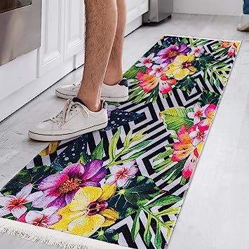 Machine Washable Wrinkle Free Coffee Cup Design Cotton 2 x 5 Kitchen Runner Rug (20" x 59", Beige)