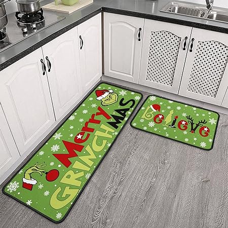 Non Slip Absorbent Waterproof Christmas Decorations Kitchen Rugs and Mats Set of 2, 17x29 and 17x47 Inch
