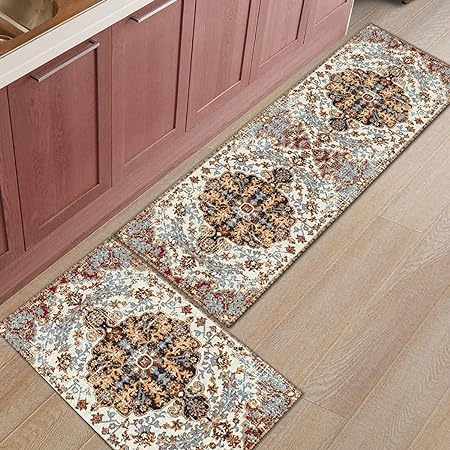 2 PCS Black and White Buffalo Plaid Cushioned Kitchen Rugs, 17"X48"+17"X24"