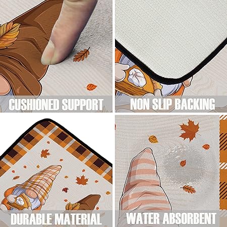 Fall Gnomes Non Slip Buffalo Plaid Cushioned Kitchen Floor Mat, 20 x 39 Inch