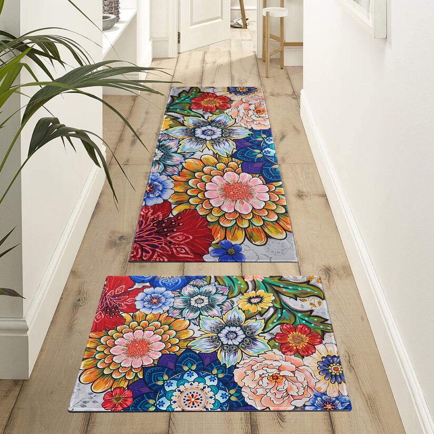 Vintage Mushroom Set of 2, Non Skid Washable Kitchen Mat - (17"x48"+17"x30")
