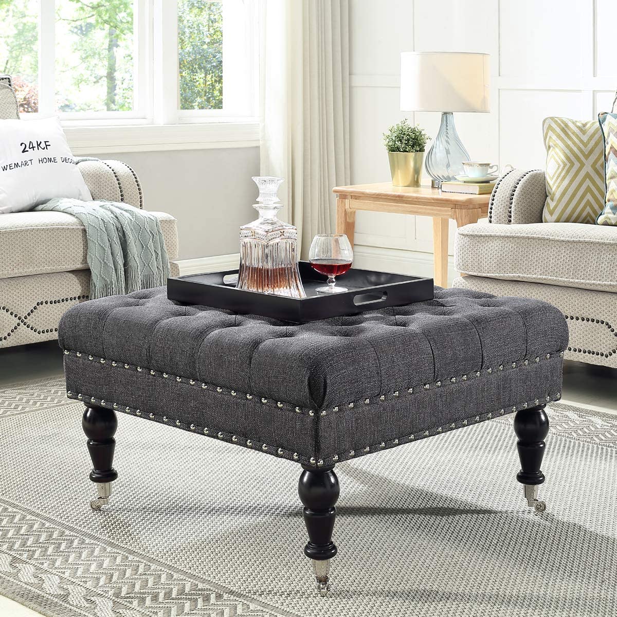 Tufted Button Linen Ottoman Coffee Table, Large Footrest with Caters Rolling Wheels