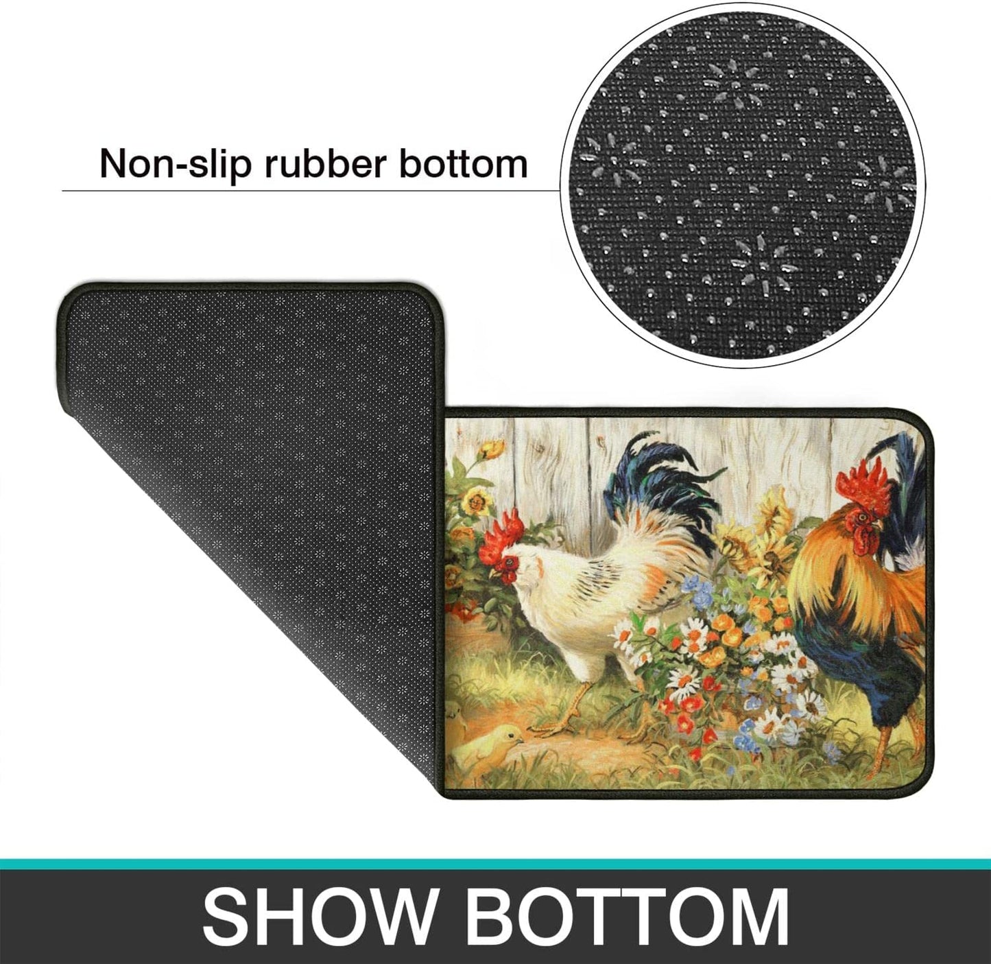 Set of 2, Farm Rooster Kitchen Mat, Seasonal Holiday Cooking Sets Washable Non-Slip Floor Mats for Home Kitchen Decor - 17x29 and 17x47 Inch