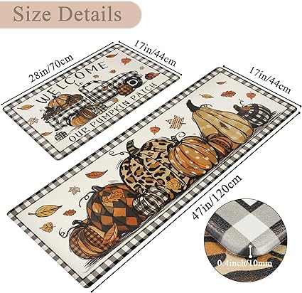 Farmhouse Kitchen Rugs and Mats 2 Piece Non Skid Fall Car Kitchen Floor Mats PVC Cushioned Comfort Standing Mats for Autumn Thanksgiving Decoraion, 17.3"×28"+ 17.3"×47"