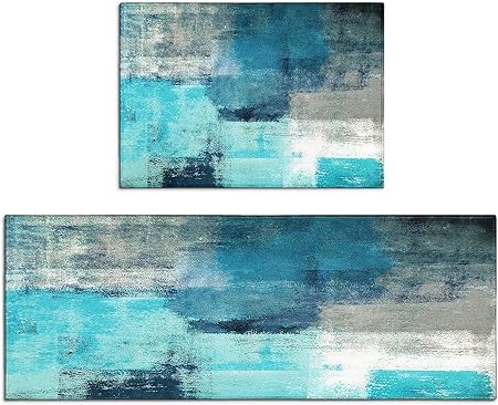 Sets of 2,Abstract Waterproof Art Kitchen Decoration Non-Slip Absorbent Mats, 17x30+17x48inch