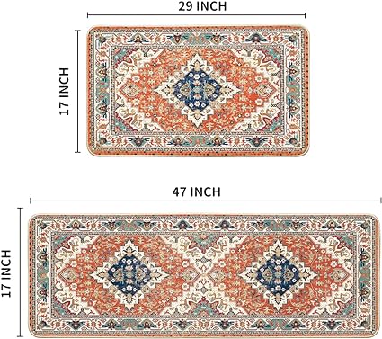 Blue Flowers Bohemia Kitchen Mats Set of 2 - 17x29 and 17x47 Inch