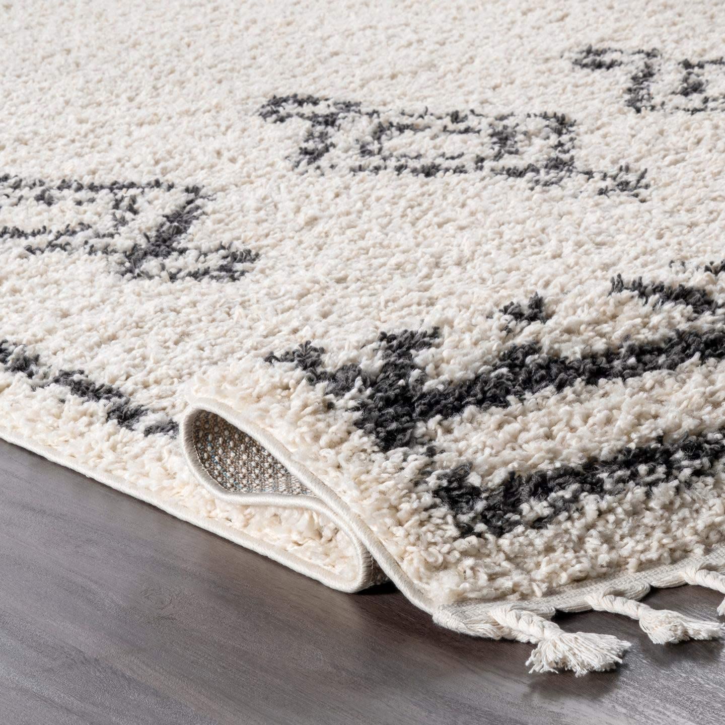 Moroccan Diamond Tassel Off White Shag Plush Area Rug