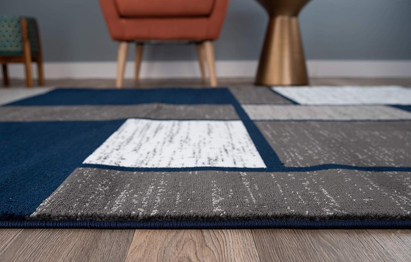 Box Pattern Navy Grey White Soft Area Rug