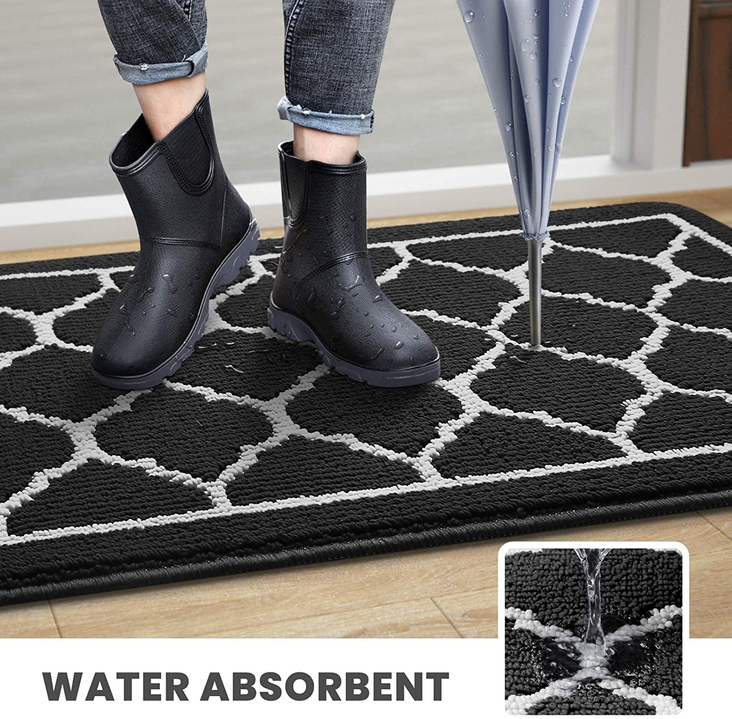 Trends Door Mat Indoor Outdoor Entryway Welcome Mat, Super Absorbent Non Slip Rubber Doormat Front Back Low Profile Door Rug, Resist Dirt Floor Mat for Inside Entryway,Patio(20"x32",Black)