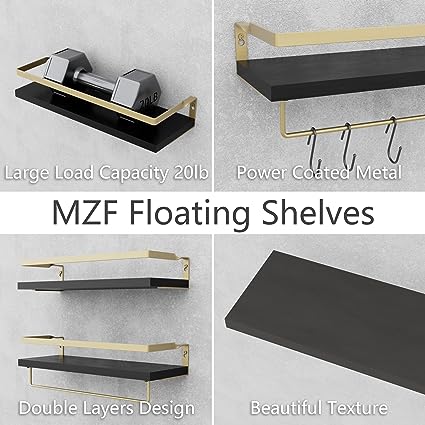 Home Decor Floating Shelves with Towel Bar/Hooks, (Gold-White)