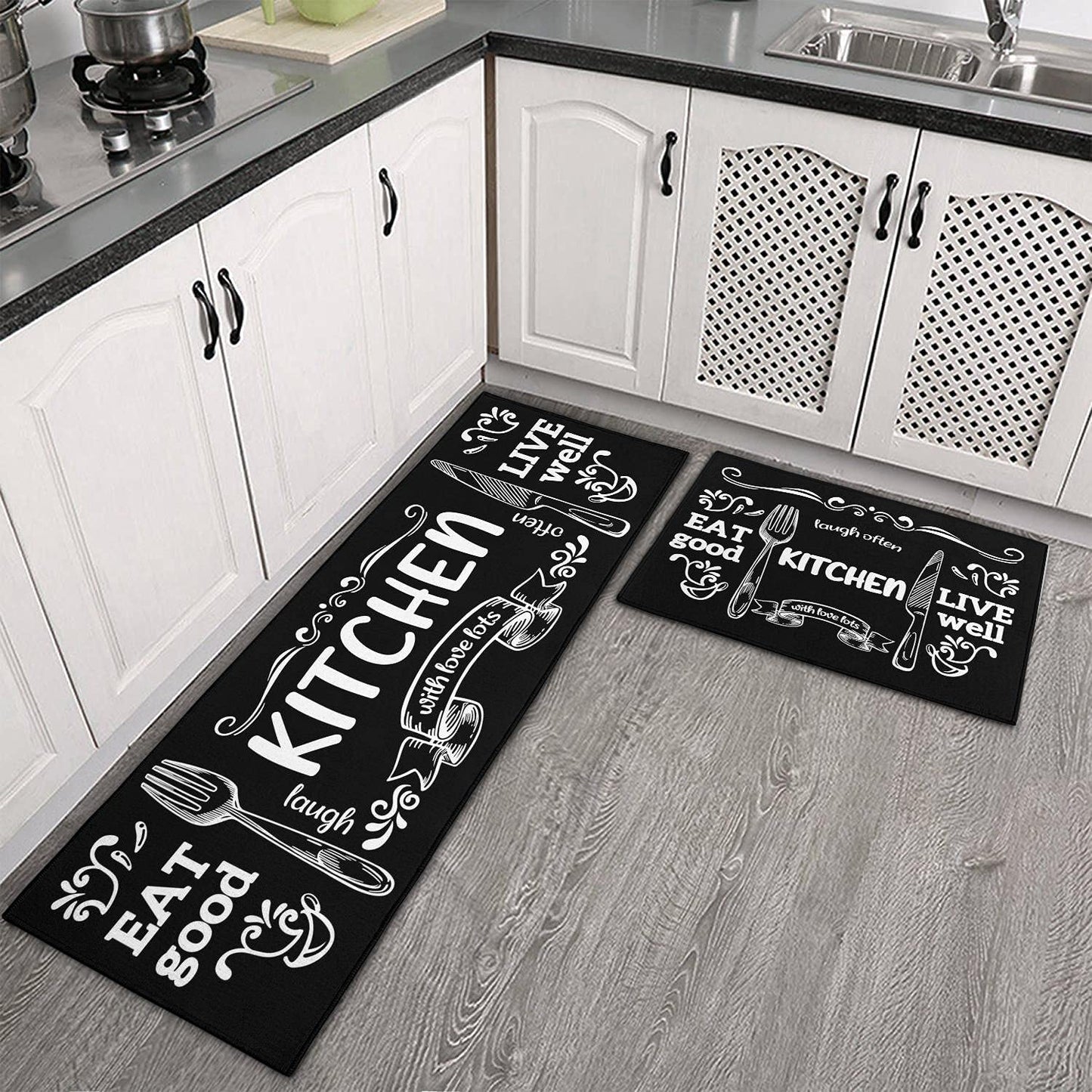 Vintage Mushroom Set of 2, Non Skid Washable Kitchen Mat - (17"x48"+17"x30")
