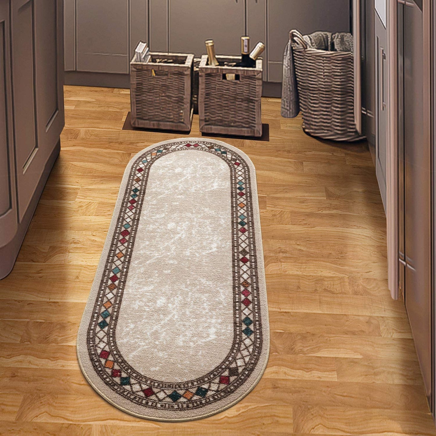 Bordered Non-Skid Low Profile Pile Rubber Backing Kitchen Area Rugs Beige