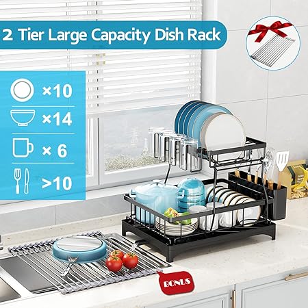 Compact Dish Rack for Kitchen Counter with Silicone Dish Drying Mat, Stainless Steel Dish Drainer for Kitchen Sink, Space Saving Plate Rack Cutlery Holder, Black