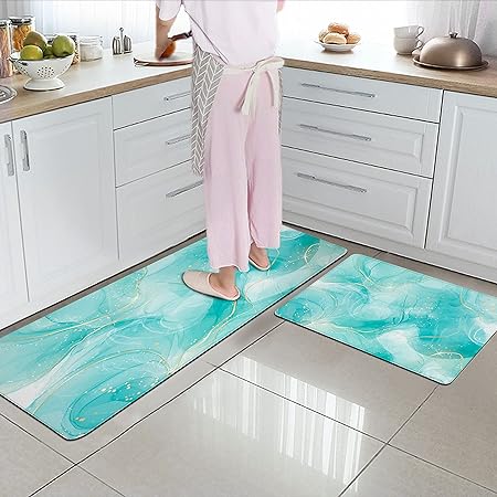 Sets 2 Gold Marble Abstract Cushioned Anti-Fatigue Non-Slip Memory Foam Comfort Standing Mat, 17.3''x 28''+17.3'' x 47''