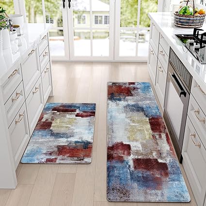 Modern Art Non Slip, Abstract Painting Cushioned Anti Fatigue, Waterproof Kitchen Mats, 18'' x 48'' + 18'' x 30''