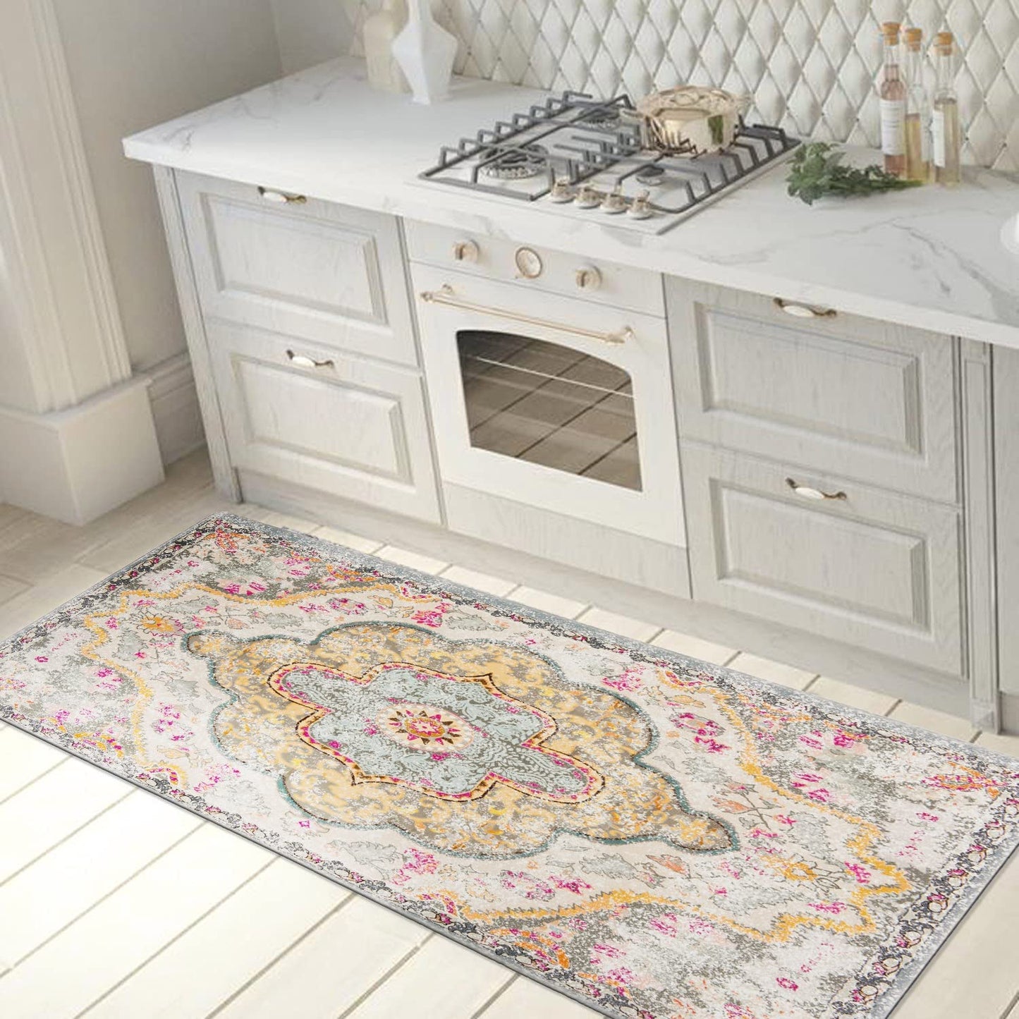 Distressed Bohemian Anti Fatigue Non Slip Stain Resistant Mat - 18" x 47" Cream